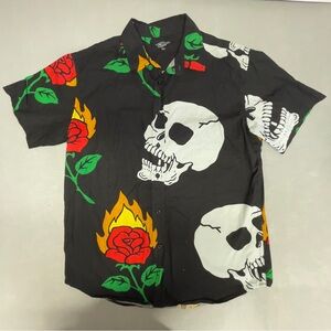 Eighty Eight Black Shirt with Skull Roses and Flame Design